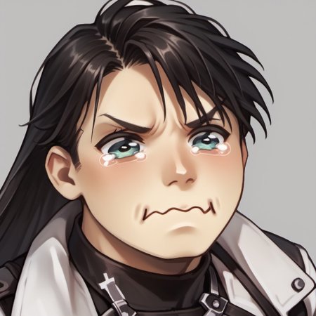 score_9, score_8_up, score_7_up, hugbaldw, cutoff jacket, body harness with holy cross design, long black hair, black shirt, black pants, black fingerless gloves, aquacrying, wavy mouth, closed mouth, tearing up, upper body