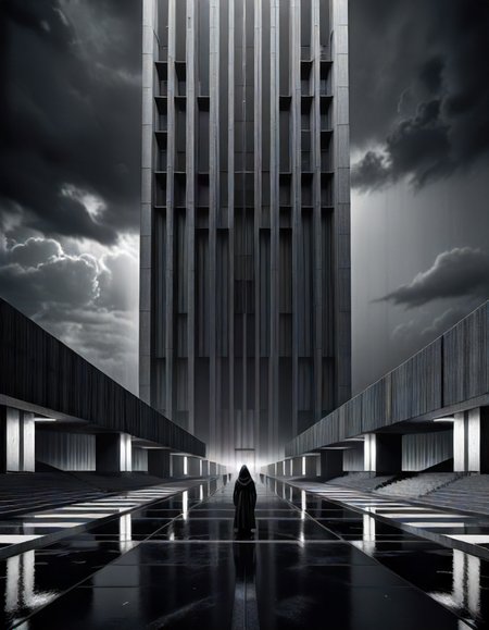 horror-themed Wide angle digital illustration, (Modern very tall building in brutalist style touching the sky:1.3), Vertical lines facade, Recessed rectangular windows, (Black and white contrast:1.2), Symmetrical streetlights, Antenna-like design, (Small human silhouettes:1.3), Grand entrance, Open plaza, Dark background, (Ghost portal in sky:1.3), Soft front lighting, White reflections, Stark atmosphere, Inspired by 33 Thomas rendering.
Masterpiece,best quality,hi res,8k,hi res,8k,award winning,(sharp focus, intricate, highly detailed), <lora:Brutalism:1> Brutalism <lora:EdobHorrorLandscape_XL_v1.0:1> EdobHorrorLandscape, eerie, unsettling, dark, spooky, suspenseful, grim, highly detailed