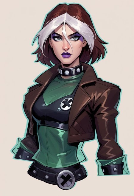 score_9, score_8_up, score_7_up, score_6_up, {Rogue, marvel}, 1girl, pale skin, lilac lips, lilac makeup, short brown hair with white bangs, EVOrogue, black sports bra, studded collar, green mesh top (covered chest), green transparent blouse, long sleeves, gray eyes, black leather skirt, gray tights, big black boots, studded bracelets, leather gloves, brown bomber jacket, fur trim, hood,
casual clothes, goth outfit, 
detailed face, pretty face, outline, cel-shading, sketch,