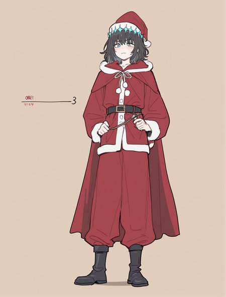 Masterpiece, Best Quality, Best Score, Best Anatomy, simple background, warm background,
androgynous,
(1boy,oberon vortigern, dark hair,blue circlet,blue eyes),
irritation,
christmas outfit, santa hat, 
ppka, doremifaso64, flat color, tale, full body,
<lora:nyalia_NoobXL:0.8>,  <lora:furu00tck:0.2>, <lora:doremifaso64_style_ill_v1:0.2> ,<lora:Popoka-Illustrious:0.2>,