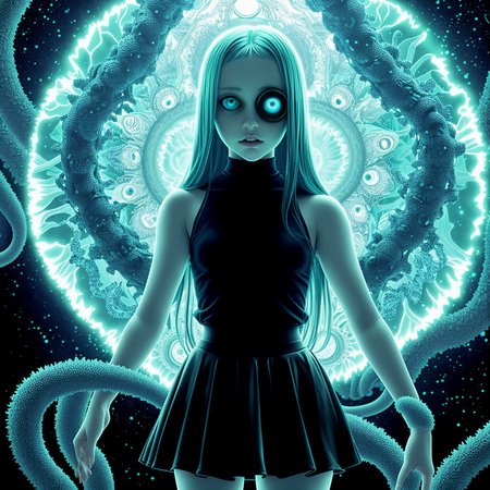 in front of an creepy aqua frosted mirrorpanel  seeing through it there is a shadowy young girl  with mini skirt deformed and a bright light behind it, tentacles, floating eyes , (intricate eyeball pattern background:1) , , bad quality , low res, , in the style of takato yamamoto, unfinished, ugly, <lora:takma2:1.2>