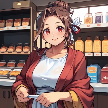 score_9, score_8_up, score_7_up, score_6_up, BREAK, <lora:Mistel:0.75> , misdef, 1girl, long hair, brown hair, red eyes, hair bun, hair ribbon, ribbon, red shawl, yellow dress, white apron, (portrait, close-up), looking at viewer, smile, happy, mommy, motherly, closed mouth, serene, large breasts, (mature woman), <lora:zy_Detailed_Backgrounds_v1:0.3> , detailed background, highly detailed, indoor, shop, clutter,  <lora:backgroundsetXL:0.4> , background,  <lora:Slammo_Artstyle:0.6> , source_cartoon, (hands down),