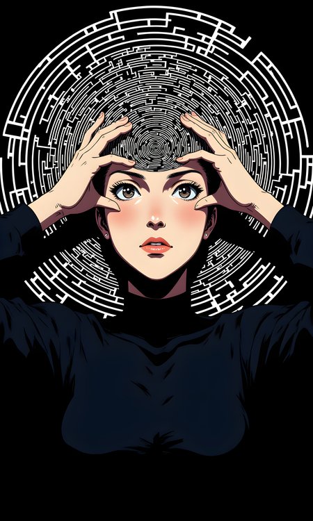 A woman with her hands placed on either side of her head, framing her face. Her expression is serious and contemplative, suggesting a sense of introspection or deep thought. The most striking feature is the intricate labyrinthine pattern that emerges from her forehead, spreading outwards in concentric circles.
The woman's facial expression is neutral yet intense. Her eyes are wide open, and her gaze is direct, engaging the viewer. There is a hint of seriousness or perhaps even concern in her eyes, which adds to the overall mood of the image.
The woman is standing upright, with her arms raised and her hands positioned on either side of her head. This pose creates a sense of symmetry and balance, drawing attention to her face and the labyrinthine pattern. Her body language suggests a moment of pause or reflection.
The woman is wearing a dark top, which contrasts sharply with the lighter tones of her skin and the intricate pattern behind her. The simplicity of her clothing ensures that the focus remains on her face and the symbolic elements of the image.
The camera is positioned at eye level, capturing the subject from a frontal perspective. This angle allows for a clear view of her face and the detailed pattern behind her. The framing is tight, focusing closely on her upper body and face, which enhances the impact of the image.
The lighting in the image is soft and even, creating a gentle contrast between light and shadow. The light highlights the contours of her face and the intricate details of the labyrinthine pattern. The shadows add depth and dimension, enhancing the three-dimensional effect of the image.
The background consists of a complex, swirling pattern that resembles a labyrinth or maze. The lines are white against a dark background, creating a stark contrast. The pattern appears to emanate from the woman's forehead, giving the impression that it is a manifestation of her thoughts or inner world. The intricate design adds a layer of symbolism and mystery to the image.
The composition is centered around the woman's face and the labyrinthine pattern. The symmetry of her pose and the concentric circles of the pattern create a sense of balance and harmony. The use of negative space around the edges of the image draws the viewer's attention to the central elements, making the image visually compelling and thought-provoking.
BREAK j_art, anime, anime art, <lora:FLUX\RetroAnimeS1.1:0.1>, <lora:FLUX\GLSHS:0.1>, <lora:FLUX\Dieselpunk Delight - s0_9 g4:0.1>, <lora:FLUX\Anime Art V3:0.1>, <lora:FLUX\jul\J_Anime:1.0>