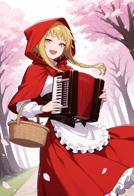masterpiece, best quality, 1girl, solo, m3dusa, blonde hair, short hair with long locks, sidelocks, braid, little red riding hood, red hood, hood, hood up, red skirt, frills, petals, outdoors, wind, accordion, holding instrument, playing instrument, yellow eyes, corset, apron, (basket:1.1), cherry blossoms, tree, dutch angle, looking at viewer, smile, open mouth