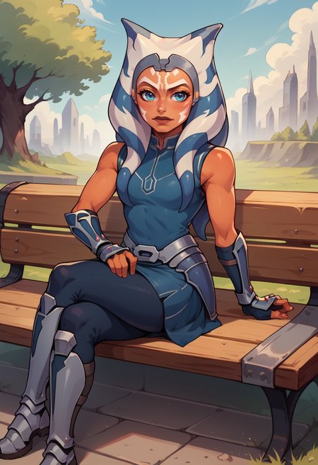 score_9, score_8_up, 1girl, solo, AhsS7, grey headband, Outfit1, blue shirt, sleeveless, vambraces, fingerless gloves, hip armor, blue skirt, blue leggings, knee boots, sitting, on bench, crossed legs, <lora:AhsokaS7PDXL_V1-Manityro-adamw:1.0>