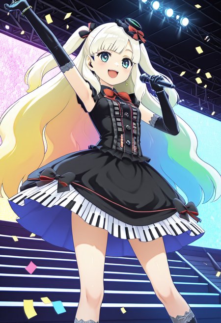 masterpiece, best quality, 1girl, solo,  zzMayu, cyberpunk, neon-lit stage, digital twin, twin-tails of glowing green and pink, translucent gradient dress, chrome bow, holographic hat, pulse gloves, glowing kneehighs, floating mic, pixel stream background, wide smile, victory pose, crowd of fans, confetti rain, blue and violet spotlights  Mayu floats midair on a hard-light platform, one hand raised to the roar of a million screaming fans. Her voice echoes across the digital skyline as pixels spiral from her fingertips. Clad in shimmering tech-fabric and glowing accessories, sheâs not just an idolâsheâs the signal in the noise, the voice of the future. narrow waist,  , <lora:MAYULoveLogic_IXL:1.0>,