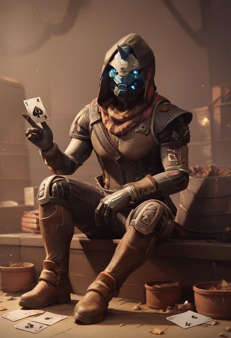 cayde, armor, colored skin, horn, glowing eyes, blue eyes, scarf, hood, full body, robot body, robot joints, sitting next to a bonfire, Holding a card, ace of spades,<lora:Cayde-6_PonyXL:0.8>, BREAK score_9, score_8_up, score_7_up, score_6_up, score_5_up,