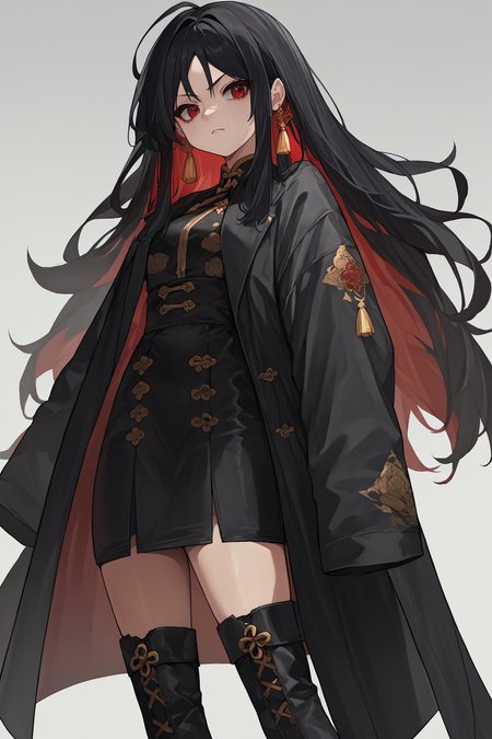 source_anime, score_9, score_8_up, solo, 1girl,  <lora:moran-nikke-richy-v1_pdxl:1> moran, black hair, long hair, colored inner hair, multicolored hair, red hair, red eyes, tassel earings. black thigh boots, long coat, open coat, black coat, black skirt