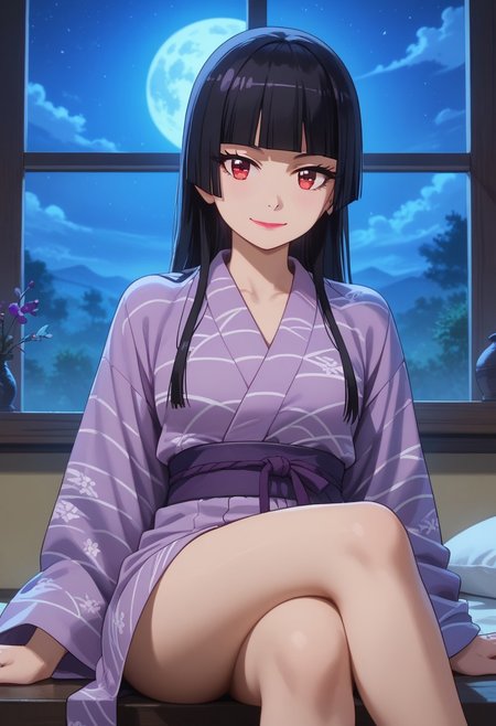 score_9, score_8_up, score_7_up, source_anime, rorymercury,
<lora:rory-mercury-s1s2-ponyxl-lora-nochekaiser:1>, rory mercury,
1girl, solo, closed mouth, light smile,
long hair, black hair, red eyes, hime cut, blunt bangs, lipstick,
yukata, purple kimono,
sitting, crossed legs, looking at viewer, 
indoors, window, night, moon
