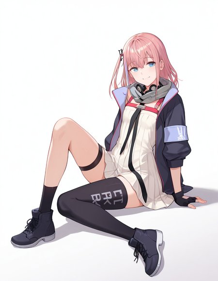 Volumetric Lighting, (masterpiece), (best quality), (ultra-detailed), masterpiece, source_anime, score_9, score_8_up, score_7_up BREAK, illustration, disheveled hair, detailed eyes, perfect composition, moist skin, intricate details BREAK, AR15, pink hair, blue eyes, long hair, one side up,streaked hair BREAK, AR15def, def_dress, def_scarf, def_collar, def_necktie, def_chest_strap, def_thigh_strap, def_thighhigh, single thighhigh, def_kneehigh, single kneehigh, mismatched legwear,def_jacket, AR15_hair_ornament, open jacket, one side up, def_fingerless_gloves BREAK, ((white background)), looking at viewer, sitting, knee up, shadow, full body, smile