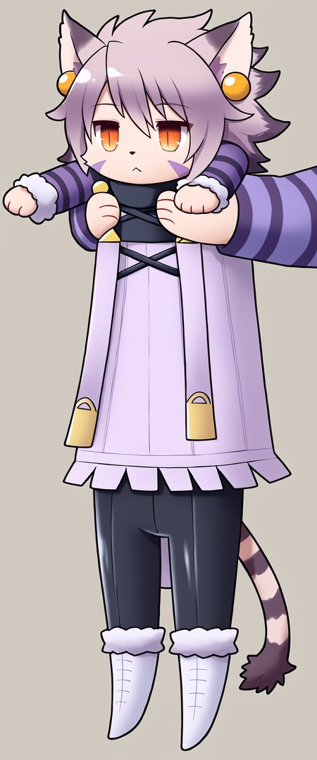 score_5_up, source_anime
BREAK
<lora:ElhPDXL:1> <lora:LongCatMeme_XLPD:1> elh, IncrsXLLCM, full body, chibi, holding animal / holding person, 1girl, solo, furry female, cat girl, :<,  expressionless, cute, red eyes, orange eyes, body fur, elhattire, fur trim,  black pants, white boots, cat ears, white hair, short hair, shiny hair, earrings, facial mark, animal nose, striped tail, striped sleeves