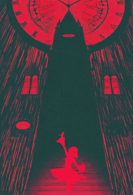 silhouette of a dancing puppet against the background of a large clock tower