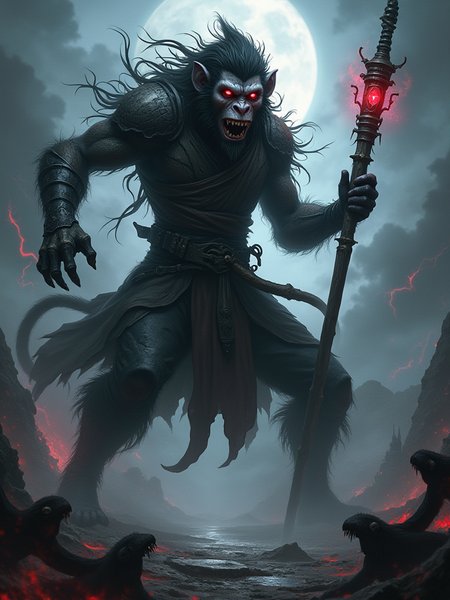 Concept for a Dramatic Image: "Dark Mythical Wukong in a Shadowy Realm"

Character Choice: Imagine Wukong, the Monkey King, reimagined in a dark, mythological style.  He should exude a formidable, ominous presence amidst a shadowy, cursed realm.

Composition:

Heroic Angle: Use a low-angle perspective to emphasize Wukong’s towering, intimidating presence.  This angle will enhance his dark, mythical stature.

Facial Features:

Dark and Intense Expression: Wukong’s eyes should glow with a sinister red or dark aura, reflecting his dark powers.  His expression should be fierce and menacing, with a partially open mouth showing sharp, otherworldly teeth.
Shadowy Hair and Attire: His hair should appear wild and shadowy, possibly intertwined with dark mist or ethereal energy.  His attire should be dark and rugged, featuring tattered elements and dark metallic armor.
Menacing Posture:

Weapon: Wukong should wield his Ruyi Jingu Bang, but in a more dark, corrupted form.  The staff could have a dark, ominous glow, reflecting his cursed powers.
Dynamic Pose: Capture Wukong in a powerful stance, perhaps mid-strike or ready to unleash a dark attack, with swirling shadows and energy effects around him.
Shadowy Realm Setting:

Background: Create a foreboding, shadowy realm with twisted, dark landscapes.  Include features like dark, gnarled trees, ruined temples, and eerie mist that contributes to the dark atmosphere.

Gloomy Sky: The sky should be overcast with dark, swirling clouds and occasional flashes of dark energy or lightning.

Desolation and Ruin: Integrate elements of desolation, like broken statues and abandoned structures, enhancing the sense of a fallen, cursed world.

Dark Elements:

Shadow Effects: Surround Wukong with dark, swirling shadows and ominous energy effects to highlight his dark powers and the cursed nature of the realm.

Dim Lighting: Use minimal, dim lighting with occasional bursts of dark red or purple to create dramatic contrasts and highlight Wukong’s dark features.

Supporting Figures:

Dark Creatures: In the background, include shadowy, fearsome creatures or corrupted minions facing Wukong.  Their forms should be partially obscured to enhance the sense of dread and mystery.

Dynamic Interaction: Show some of these dark creatures recoiling from Wukong’s power or engaged in their own dark rituals, adding to the scene’s intensity.

Overall Mood:

The image should convey a deep sense of dread and dark power, depicting Wukong as a dark, mythical force in a shadowy, cursed realm.  The combination of his menacing presence, the dark setting, and the ominous effects will create a striking and atmospheric visual representation that captures the dark essence of the game.