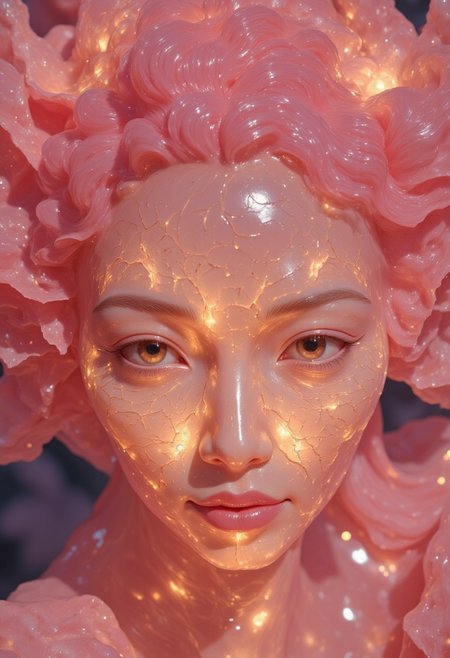 Close-up portrait of a statue of a an asian woman staring at the viewer. Her head and body are semi-translucent, polished Rose Quartz, with numerous, glowing, fine, hairline cracks covering the head and down her neck creating a statue-like effect. Her eyes are a light pink color, gold dust eye shadow, and her lips are a rich, gold-colored lipstick. The lighting focuses on the face, creating strong highlights and shadows. The background is softly blurred showing a sea of cherry blossoms petals, but is blurred and out of focus so all visual attention is on the woman's eyes, nose and mouth. Her pink, curly hair blends in with the background. The overall impression is one of dramatic beauty, with an almost otherworldly quality.  (((ultra-realistic style))), realistic soft lighting, eye-catching, atmospheric lighting, natural, shallow depth of field, (highlights: 0.8), high detail (dynamic, sincere, cinematic shot, film grain, bokeh, depth of field) <lora:FLUX-daubrez-DB4RZ-v2:1> DB4RZ, DB4RZ style painting