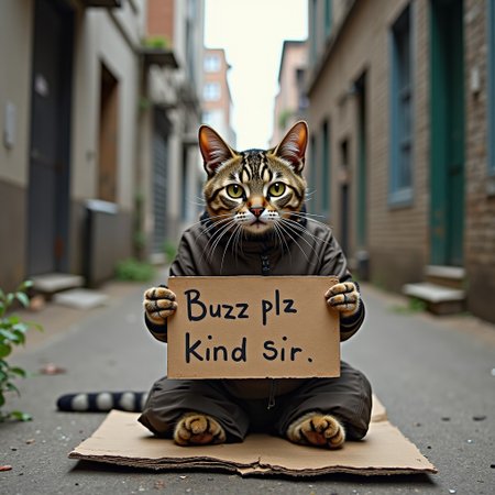 Photo of a cat in dirty old clothes sitting on a piece of cardboard in a dirty alleyway. Holding up a sign that says "Buzz plz kind sir"