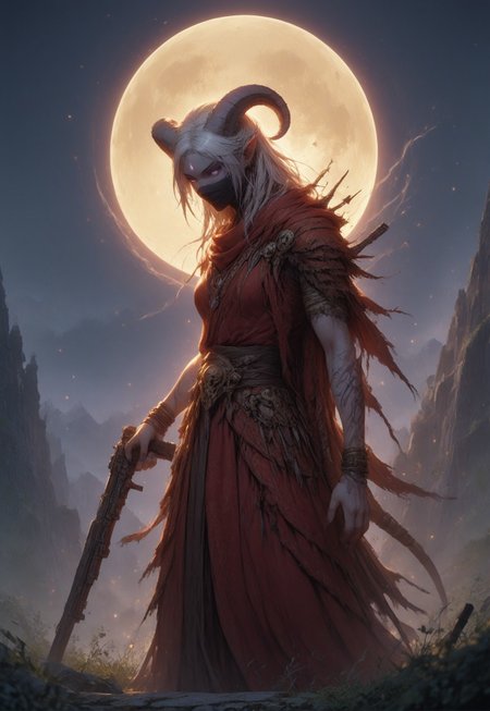 (absurdres, best quality, masterpiece:1.4), score_9, score_8_up, score_7_up, score_6_up, detailed, detailed body, detailed face, world of warcraft, fantasy, <lora:add-detail-xl:1.5>, 

fFaceDetail, SkinDetail, ((female, draenei, tall, athletic arms, pale white skin, smooth skin, long white hair, purple eyes, no pupil, no sclera, long white tail), (h0rns, ram horns, white horns), 
(long fingers, purple fingernails, purple nail polish)), 

(long loose red dress, simple armlet, black facemask, red silk scarf), GunMonk, shotgun, holding shotgun,

full body, side view

outdoor, evening, mountains, moon