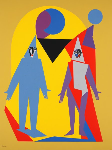 1man and 1woman, depicting the pinnacle of mankind, Superior,Dynamic composition, abstract,surreal, dadaism by Morton Schamberg,Louis Aragon,Hans Leybold, <lora:DeconDada:2>, subdued Cadmium yellow,Maximum yellow red,Pale silver,Maximum blue purple,Persian plum colours