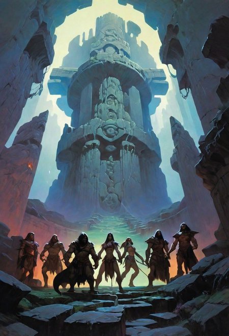Fantasy painting, masterpiece by frank frazetta, androgynous, dungeon _party, group, muscular, fetish, fantasy masterpiece, a party of beautiful adventurers exploring an ancient dungeon, cyberpunk, vaporwave, arcane ruins