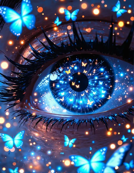 a dreamy, intricate digital painting with a macro close-up perspective. Picture a large, detailed blue eye with long, dark eyelashes.  The eye reflects a scene filled with tiny blue and monarch butterflies fluttering around within the iris.  Several butterflies are also depicted resting on the eyelashes and around the eye itself. The background is softly blurred with shimmering, colourful bokeh, suggesting a magical or ethereal atmosphere, The overall effect is enchanting and focused on the beauty and detail of the eye and the delicate butterflies, <lora:Vibrantly_sharp_style_v.2:0.8>, <lora:Cozy_Paradise:0.8>, <lora:RetroAnimeFluxV1:0.35>, <lora:FantasyWizardWitchesFluxV2-000001:0.7>, <lora:aidmaMJ6.1_v0.5_3:0.6>