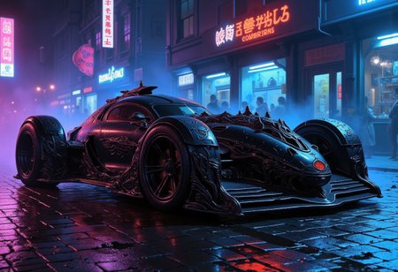 A futuristic brutal black car with an ornate, gothic-inspired design, resting on a wet street, illuminated by neon reflections on the rain-soaked cobblestones. The custom-made vehicle boasts a streamlined body with large, bold, low-profile wheels that exude power and precision. Its intricate massive metallic details feature sculpted ornamentation, blending gothic elegance with high-tech futurism. Dramatic lighting cuts through the foggy night, casting long shadows and creating a striking color contrast of glowing neon blues and purples against the sleek black surface of the car. The scene combines gothic sci-fi with Renaissance aesthetics, framed as a masterpiece painting of futuristic high-tech beauty.,deep contrasting shadows, gloss,    
detailed,vibrant,colorful,color contrast,(dramatic lighting),Picture-perfect image, fog,light particles,expressive,cinematic,((no humans)),UHD,absurdes,visionary,scifi noir. crimson and cyan,close-up,zoomed,centered