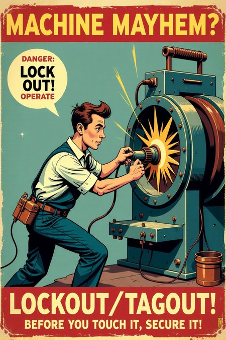 "Vintage safety sign illustration of a cartoon worker attempting to repair a complex, sparking machine without locking out the power source.  He is reaching directly into the machine's gears and belts with his hands, ignoring a prominent 'DANGER - DO NOT OPERATE' tag flapping uselessly nearby, power cord still plugged in.  Electrical sparks are flying from the exposed machinery, and his face is a mixture of overconfidence and impending disaster.  The sign text in vintage bold letters demands: 'MACHINE MAYHEM? LOCK IT OUT!  LOCKOUT/TAGOUT - BEFORE YOU TOUCH IT, SECURE IT!' Render in a dynamic, vintage cartoon style, emphasizing the mechanical complexity of the machine and the imminent danger of moving parts.  Use a color palette of metallic greys and warning reds and yellows to highlight the machinery and danger points. Visually stunning vintage cartoon, clear lockout/tagout safety message, high detail in machine parts and sparking effects." <lora:REMEs_War_Poster_Style:0.9> In REME's War Poster Style,âââ
