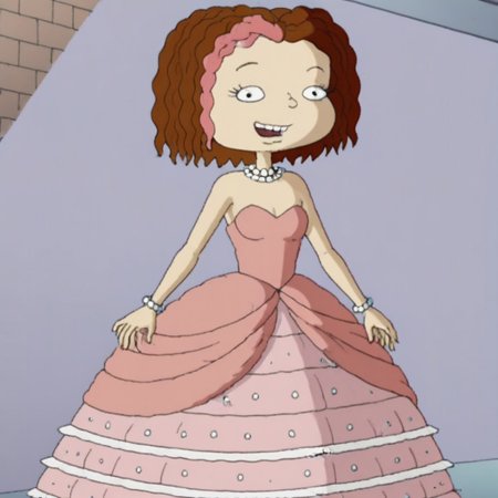1girl, solo, short hair, brown hair, two-tone hair, pink hair, black eyes, Very long large straight tulle pink princess ball gown hoop skirt, ball gown hoop skirt, pink princess dress, white pearl necklace, hoopdress, my big princess gypsy wedding dress, ballgown, a girl in a dress posing like a princess for a picture, wearing a sleeveless ballgown, looking at viewer