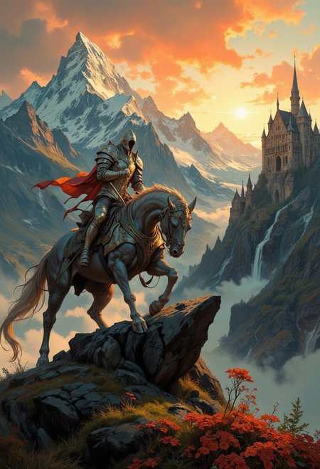 8k high quality digital painting , masterpiece, very detailed, ultra realistic, (best quality) very detailed epic masterpiece, 
unearthly beautiful, a breathtakingly beautiful landscape in the French Alps, in the foreground a shiny knight riding on a dragon watches a beautiful castle in the distance, the low yellow-red sun casts long shadows, enchanting landscape, fairytale-like, calm mood, flowers in the foreground, realistic