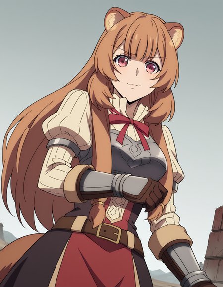 score_9, score_8_up, score_7_up, source_anime, <lora:raphtalia-s3-ponyxl-lora-nochekaiser:1>, raphtalia, long hair, bangs, brown hair, animal ears, raccoon ears, raccoon tail, raccoon girl, pink eyes, medium breasts,, long sleeves, sweater, ribbed sweater, puffy sleeves, breastplate, ribbon, red ribbon, gauntlets, glove, brown gloves, belt, skirt, armor,, wasteland, barren, dry, post apocalyptic, desolate, , smug, looking at viewer, solo,, dutch angle, cowboy shot