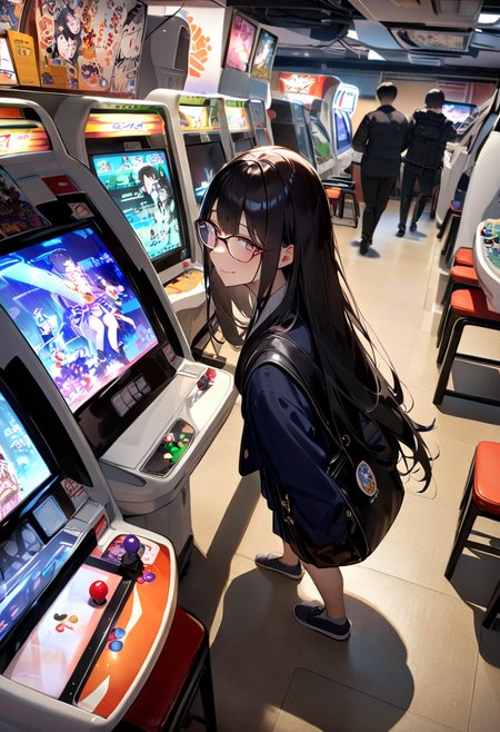 masterpiece, best quality, very aesthetic, absurdres,
1girl, solo, glasses, black hair, long hair, navy jacket, navy pleated skirt, black bag, smile, looking at viewer, solo focus,standing, 
game_center, scenery, japan, arcade cabinet, scenery, chair, poster (object), monitor
<lora:game_center_SDXL_V1:1>