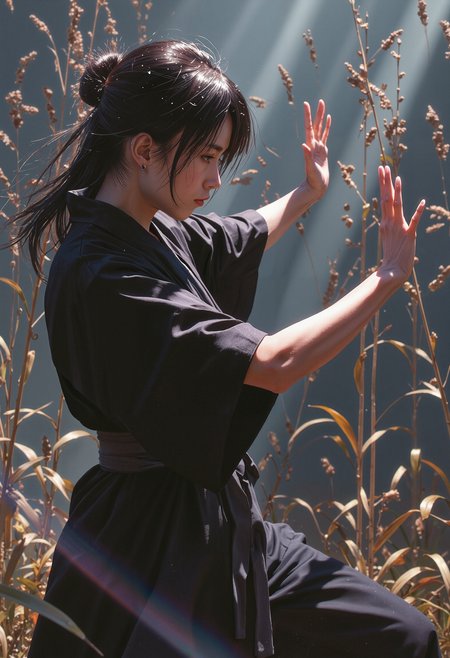 p0st_1mp4ct style, miboso, (dutch angle:1.2),(view from below:1.4), A young woman in a traditional Japanese kimono stands poised in a powerful Wing Chun stance amidst a dark, mystical reed-filled landscape, reminiscent of Ashley Wood's eerie and mystical art style. The reeds sway ominously in the background, as if sensing her impending movement, set against a subtle Dutch angle distortion of 20%. Her muscles are tense and coiled, ready to strike, casting a sense of foreboding and anticipation in this haunting and atmospheric scene. <lora:Evangelion_Post-impact_Apocalyptic_Style_Flux.1_D_by_AutoPastel-000019:0.41> <lora:Hand v2:1.11> <lora:Miboso_Style:0.55> <lora:qiu_blue_000009500:0.41>