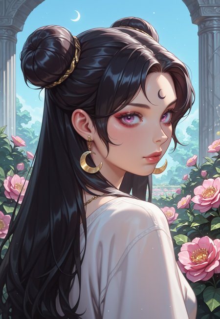 cpsle2, 1girl, solo, long hair, earrings, black hair, jewelry, facial mark, hair bun, double bun, bush, flower, crescent, crescent facial mark, forehead mark, looking at viewer, crescent earrings, outdoors, pink flower, purple eyes, looking back, pillar, piercing, upper body, garden, parted bangs, detailed lighting, masterfully drawn, qhd, best quality, best resolution, amazing quality, very aesthetic, 4k, comissioned-art, original, latest