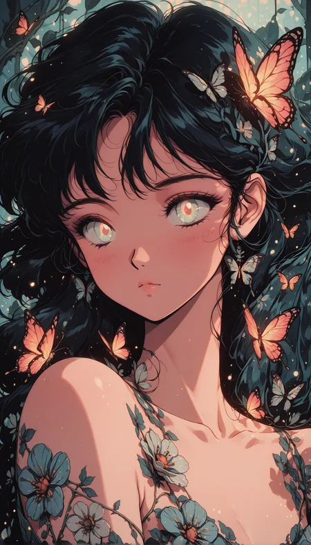 1girl, close-up, delicate butterfly wings, glowing eyes, intricate floral patterns, butterflies in flight, ethereal lighting masterpiece, best quality, amazing quality, very aesthetic, absurdres, detailed eyes, newest, <lora:PinkieRetroAnimeIL:1>, pinkretroanime, retro art,