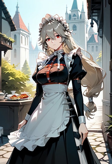 score_9,score_8_up,score_7_up,source_anime,ALEXANDRINA_SEBASTIANE,1girl,solo,long hair,breasts,looking at viewer,bangs,red eyes,long sleeves,dress,closed mouth,half body,grey hair,outdoors,shoes,black footwear,apron,black dress,maid,maid headdress,maid apron,rita rossweisse,