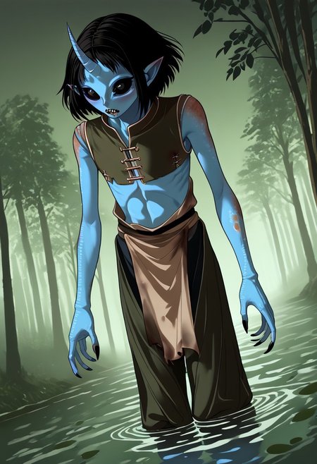 ((Alien humanoid)),
((Alien species)), solo, androgynous, aquatic features 
blue skin, ((webbed hands)):1.4,
((No nose)):1.3, ((nostrils only, nostril slits, vertical nasal slits, narrow nostrils)):1.5, ((narrow eyes)), ((black sclera, black irises)), smooth skin,  pointy ears, small ears, tiny ears, holes in skin, forehead horn, short horn, veiny horn, ((single horn)):1.0, ((4 fingers)), fingernails, thin lips, ((black hair)), ((short hair, spiky hair)), sharp teeth, digitigrade legs, bent legs,
full body shot
ragged clothes, muddy clothes, loincloth, tunic, dirty
Medieval style, fantasy style,
((Variety)):1.2
((dutch angle, 3/4 view))
river background
fully clothed, loose clothing, clean lines, smooth colors, detailed fingers, sfw, source: realistic, rating: pg, score: 8 up, score: 9
