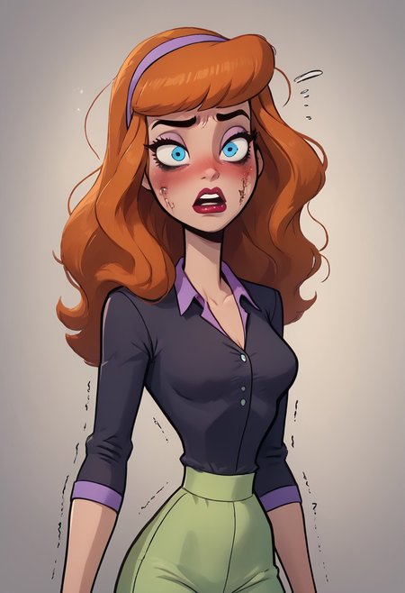 score_9, score_8_up, score_8, 1girl , Daphne, Daphne Blake,1girl, solo, petite, petit, middle breasts, 18 year old, blue eyes, orange hair,  B3th3rz, PartierBetherz, black shirt, button up blouse, extra tight open collar, extra tight open_shirt,extra tight white_blazer, extra tight white_pants, one eye higher than another, twisted mouth, messed hair, messy hair, in love, extremely in love, blush, arousal, seductive, seductive face, shaking, destroyed face, destroyed body, awful skin face,  long hair, makeup, lipstick, young, skinny, narrow waist, fragile, sexy, perfect body,detective betheerz dress, dynamic pose, posing,  wounds, hit herself,  selfharm, self harm, wounds on face, wounds on body, extreme amount of wounds, wounds everywhere, tired, tired af, extremely tired, tired eyes, huge amount of tireness, absolutely tired, bags under eyes, shiners, stupid, dumb, extremely stupid, extremely dumb, no brain, brain damage, stupid blonde, extremely stupid blonde,  blue eyes, eye twitching, nervous eye twitching, extremely hard eye twitching, totally burnt hair, sexy, horny