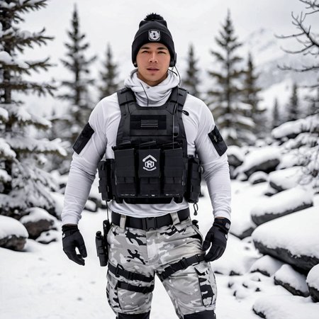 a full body disposable photograph of a male soldier wearing white snow camo tactical pants and park with a chest rig, wearing a black beanie with headphones, on a snowy mountain <lora:Tact_Perp2-000009:0.45>