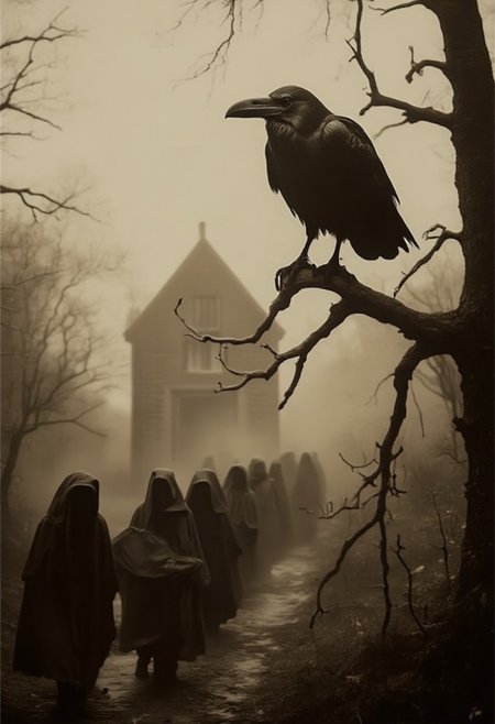 A hyper-realistic image of a large raven perched on the branches of a tall dead tree in a scary ancient English forest looking down at a procession of hooded cloaked cultists carrying off a sacrificial victim virgin girl towards a creepy dark place in the woods, hyperrealistic, scary, extreme detail, intricate details, fog, mist, drizzle, vicgoth, sepia toned photograph, aidmaMJ6.1