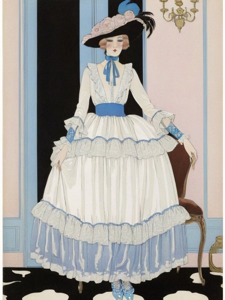 <lora:sdxl_George barbier v1.0:0.8>,best artwork of george barbier,  magazine,1920s fashion,illustration, flat illustration, 1girl, (elegant-inspired motif:1.2), white lace, ruffles, (closed collar long-sleeved blouse with frilled and ribbon:1.2), ((various kinds of colored:1.2) velvet with golden embroidery aesthetic cottage-core Renaissance (long:1.3) dress with (lots of layered frills:1.2) and ribbons:1.2), (pearls:1.2), choker, (lace ruffle socks:1.2), platform shoes,, masterpiece, best quality,absurdres,highres,ultra detailed,official art,
BREAK