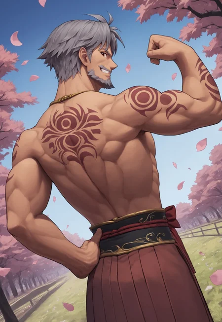 score_9, score_8_up, AdrayLasbard, mature male, grey hair, short hair, red eyes, facial hair, mustache, necklace, shirtless, muscular, arm tattoos, belt, hakama, upper body, detailed background, dynamic pose, open field, sakura trees, blue sky, dutch angle, petals on the wind, looking at viewer, smirk, cowboy shot, from behind, back tattoo, flexing, striking a pose, one hand on hip,