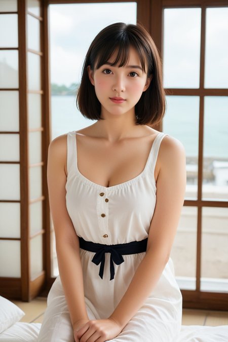 1girl,  Long black hair, bangs,(summer dress:1.3),
Beautiful 20 year old Japanese girl,large nature breasts, 
looking at viewer,,cowboy shot, light smile, 
,portrait,upper body,sitting,
<lora:sdxl_lightning_8step_lora:1>,
<lora:pony_xl_yawara:0.7>,yawara,
dojo,score_9,score_8_up,score_7_up,
Clouds Sky,old time city street ,dof, 
masterpiece, best Quality,realistic Details,photography,