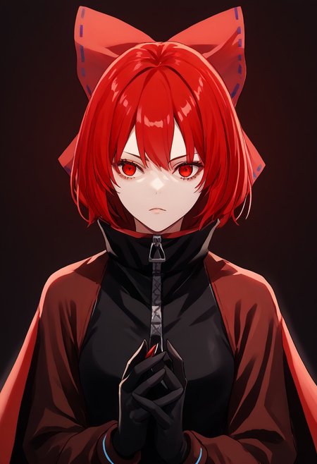score_9, score_8_up, score_7_up, score_6_up, score_5_up, score_4_up, source_anime, solo, 1girl, 
sekibanki, rocknbeat, red hair, red eyes, hair bow, bodysuit, black gloves, two-tone cape, long sleeves, 
masterpiece, best quality, very aesthetic, absurdres,