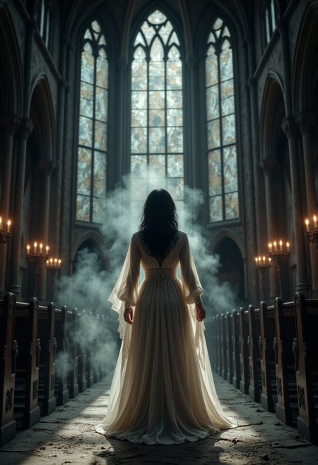 This CGI-rendered image captures an ethereal, ghostly woman standing alone in the middle of an abandoned gothic cathedral. She is draped in a tattered, flowing dress of translucent silk that billows despite the still air, as if responding to an unseen force. Her haunting, glassy silver eyes reflect the dim candlelight scattered throughout the decaying sanctuary. Wisps of spectral mist coil around her slender fingers, and faint, whispered voices seem to emerge from the darkened pews behind her. Dust particles hang suspended in the air, glimmering in the light filtering through the towering, shattered stained-glass windows, their once-vibrant colors dulled by centuries of neglect.
   , aidmamjv7, aidmaHyperrealism, aidmaimageupgrader