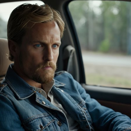 cinematic film still of cinematic film still of  <lora:add-detail-xl:1>0
<lora:detailed:0.3>
<lora:perfection style:0.3>
<lora:xl_more_art-full_v1:0.3>
 <lora:true detective style:1>
a man with a long beard sitting in a car,solo,blue eyes,blonde hair,brown hair,long sleeves,1boy,sitting,jacket,male focus,mole,blurry,mole under eye,facial hair,denim,blue jacket,beard,pocket,realistic,mustache,breast pocket,denim jacket , sharp, detailed, epic photography, artistic, dramatic light, cinematic style, film style, 
true detective style, shallow depth of field, vignette, highly detailed, high budget, bokeh, cinemascope, moody, epic, gorgeous, film grain, grainy