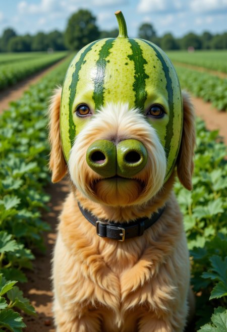 A dog watermelon head, in a farmer's field   , aidmafruithead