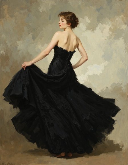 A beautiful woman in an elegant black dress, with her head turned slightly to the side and looking back at us. The gown is adorned with intricate lace details that contrast beautifully against its dark color. She has one hand on her hip as she twirls around, creating dynamic movement within the composition. Her hair is styled up, adding elegance to her overall appearance. This painting captures the essence of classic beauty through its use of soft lighting and rich colors, in the style of Gabriele Dell'otto. 