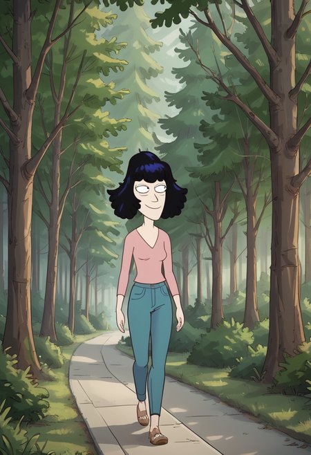 score_9, score_8_up, score_8,  <lora:Ms._Frankie_Solar_Opposites_for_PonyXl:0.8> 1girl, msf4nk1e, black hair, solo, smile,  blouse, jeans,  walking, forest,