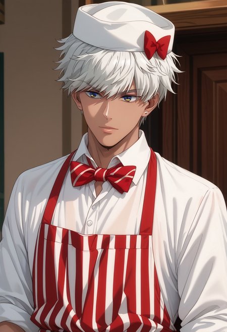 score_9, score_8_up, score_7_up, source_anime, rating_safe, Mamobey, 1boy, male focus, anime screencap, white-red striped apron, collared white shirt, red bow, white hat