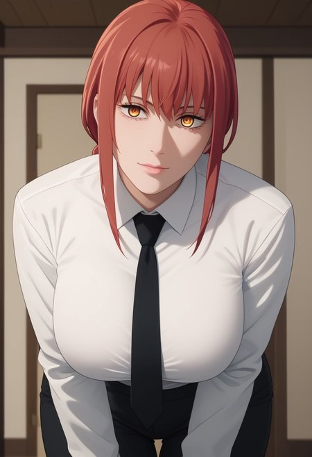 score_9, score_8_up, score_7_up, score_6_up,source_anime,rating_explecit, masterpiece, best quality, 8k, 8k UHD, ultra-high resolution, ultra-high definition, highres, 1girl, solo, boob focus.
mak1ma0, red hair, long hair, ringed eyes, white collared shirt, black pants, large breast, black necktie, braided ponytail,
s1z3d1ff_t4lk, taller girl, standing, legs straight, bent forwards, arched back, hands on knees, cleavage, breasts squished between arms, [[from below]:0.5], pov, eye contact