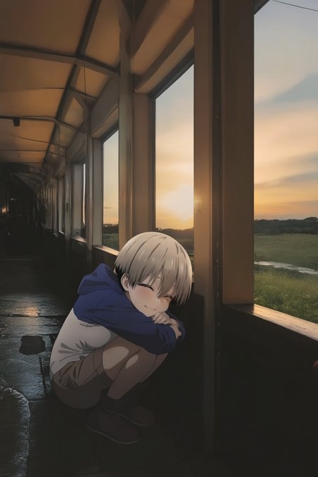 1girl, uzaki hana, uzaki-chan wa asobitai!, side view, evening, outdoors, head on knee, photo background, realistic background, masterpiece, best quality, good quality, newest, very aesthetic, absurdres