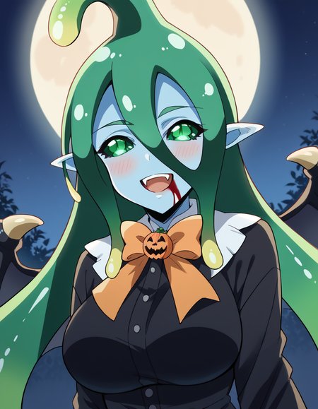 score_9, score_8_up, score_7_up, source_anime, <lora:slime-suu-s1-ponyxl-lora-nochekaiser:1>, suu, long hair, large breasts, very long hair, green eyes, ahoge, green hair, colored skin, monster girl, tentacle hair, blue skin, slime girl,, <lora:vampire-ponyxl-lora-nochekaiser:1>, vampire, red eyes, pointy ears, fangs, black dress, wings, blood, blood on face, blood on mouth, bat (animal), halloween, halloween costume, upper teeth only, night, moon, blush, smile, open mouth, , dutch angle,